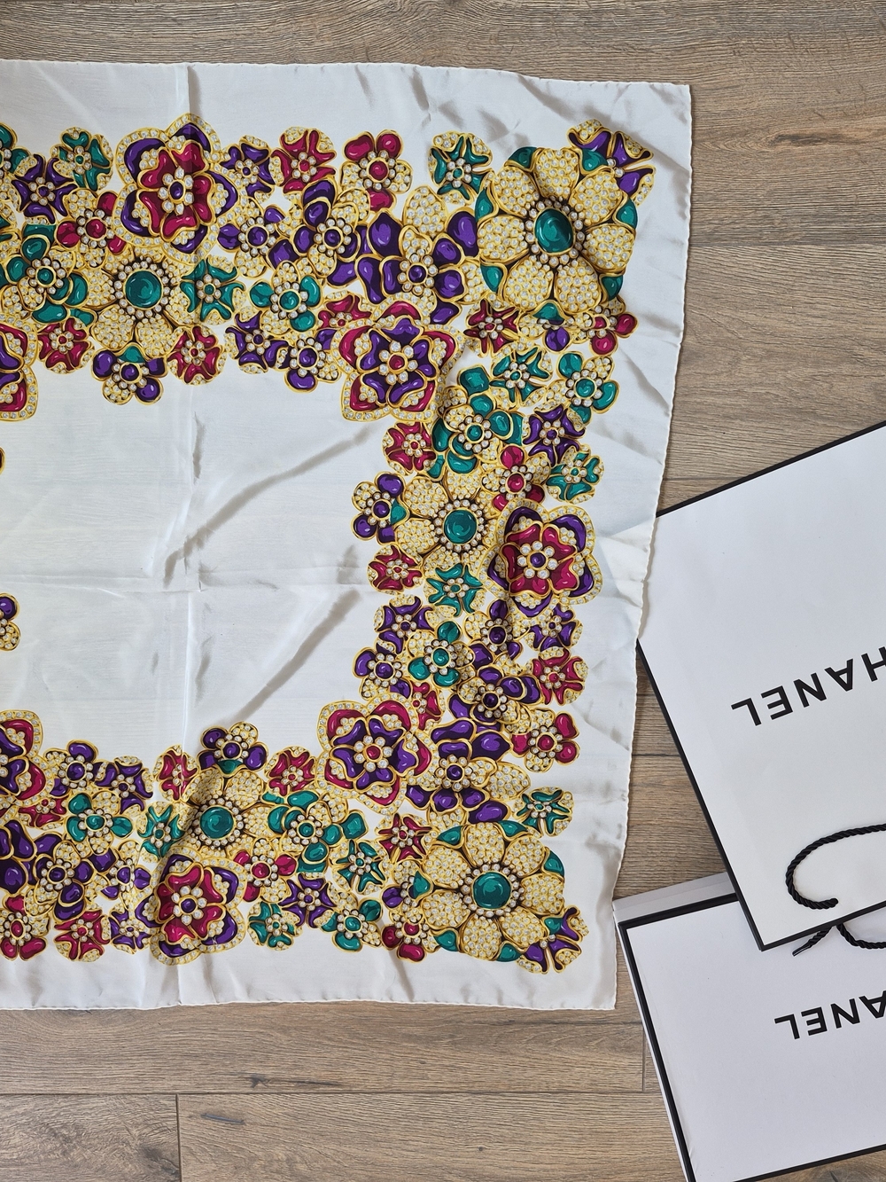 CHANEL Ivory Jewel Print Silk Scarf 33" Box & Bag Included.